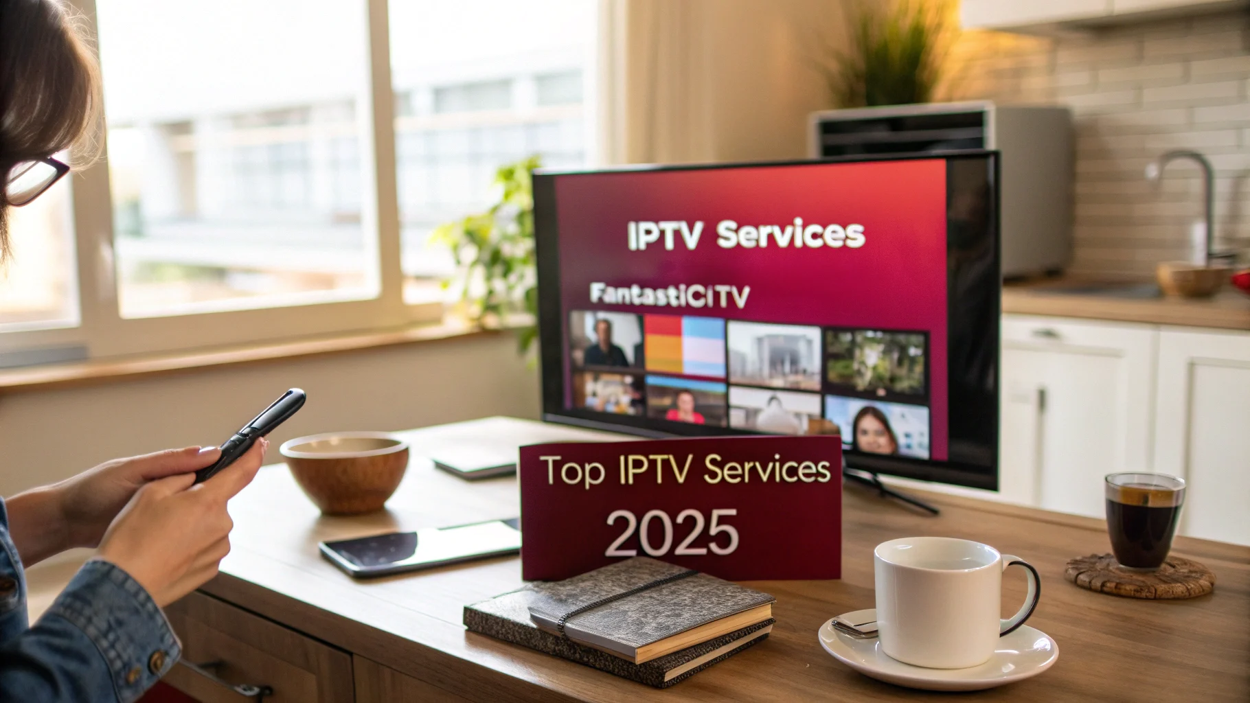 Watching IPTV on a Smart TV with popcorn and remote in hand.