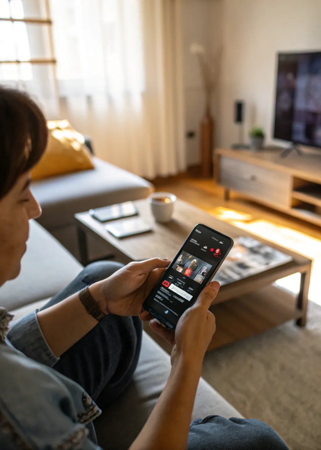 A close-up of hands selecting an IPTV app on a smartphone in a cozy living room setting.